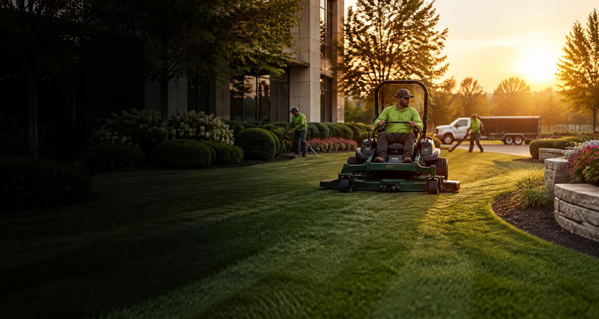 Landscaping crew mowing a commercial lawn at sunrise